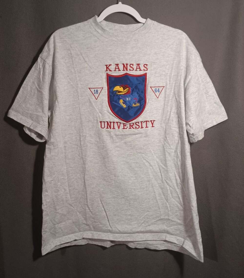 Vintage Kansas Jayhawks Gray Tee Large Embroidered Signal Sports USA Made